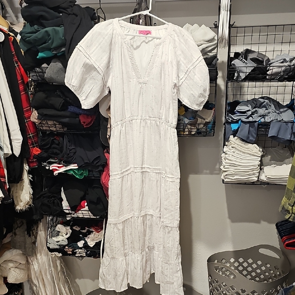 Betsey Johnson White Maxi Dress with Puff Sleeves